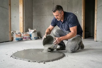 Ouvrier versant un ragréage autonivelant sur un sol en béton brut lors de travaux de rénovation intérieure