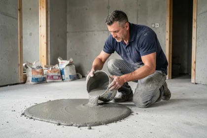 Ouvrier versant un ragréage autonivelant sur un sol en béton brut lors de travaux de rénovation intérieure