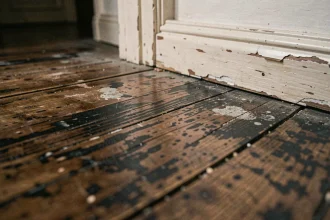 Gros plan sur un parquet en chêne noirci et abîmé avec vernis craquelé et salissures incrustées avant rénovation