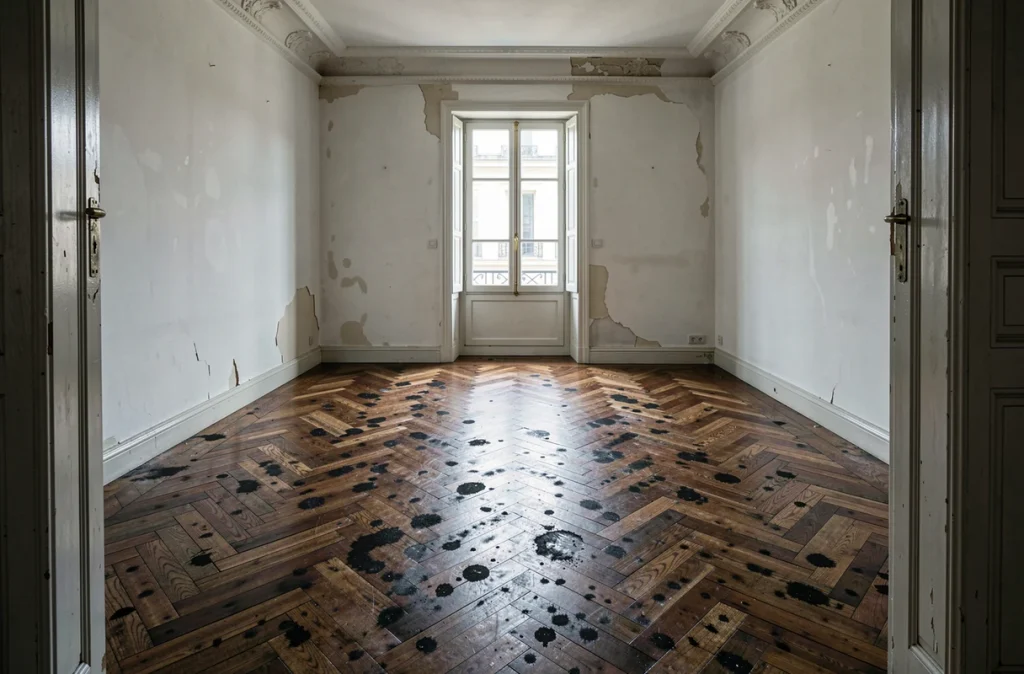 Vue large d'un parquet en point de Hongrie noirci et dégradé dans un appartement haussmannien vide avant rénovation