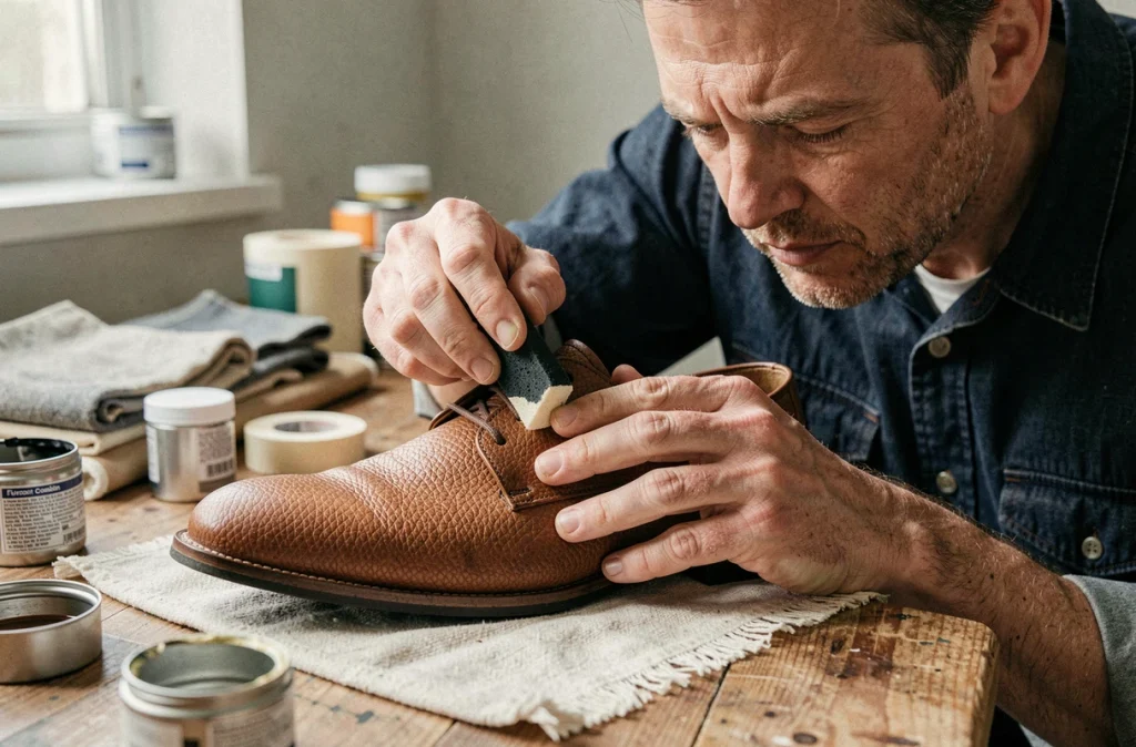 Homme appliquant une teinture sur une chaussure en cuir grainé avec une éponge applicatrice dans un atelier maison