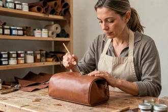 Artisane appliquant de la peinture sur un sac en cuir lisse avec un pinceau plat dans un atelier de maroquinerie