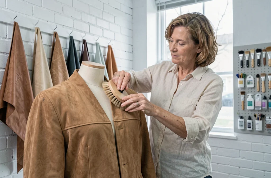 Artisane restaurant une veste en cuir nubuck avec une brosse spéciale dans une boutique de restauration de maroquinerie