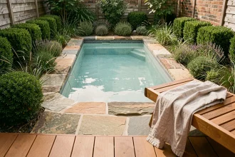 Petite piscine intégrée dans un jardin urbain compact avec margelles en pierre naturelle et plantations paysagères