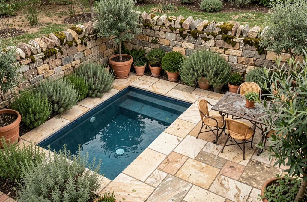 Petite piscine plongeante intégrée dans un jardin méditerranéen en terrasse avec plantations aromatiques