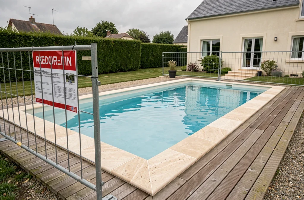 Piscine privée construite avec panneau de permis de construire affiché dans un jardin résidentiel