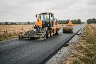Ouvriers appliquant de l'enrobé bitumineux sur une route régionale en France avec un finisseur et un compacteur
