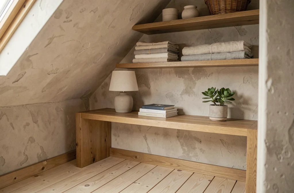 Recoin optimisé sous pente avec bureau sur mesure en bois et étagères flottantes dans une chambre en longueur
