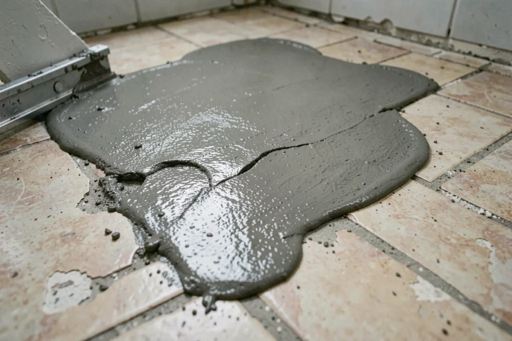 Gros plan sur un ragréage autolissant coulé sur un ancien carrelage fissuré dans une salle de bain en rénovation