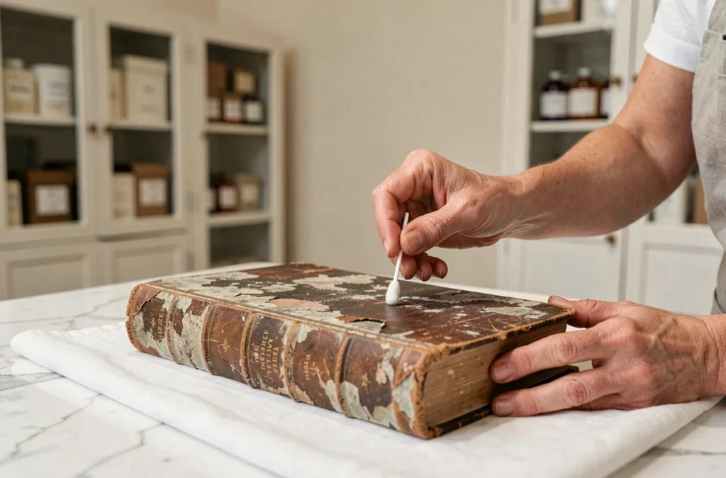 Femme spécialiste restaurant un livre ancien en cuir moisi avec un coton-tige et du conditionneur neutre dans un atelier de conservation