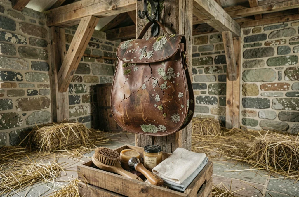 Sacoche en cuir vintage très moisie suspendue dans une grange avec outils de nettoyage traditionnels du cuir posés en dessous