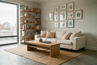 Salon de location saisonnière aménagé par un architecte intérieur avec décor scandinave moderne pour se démarquer sur Airbnb