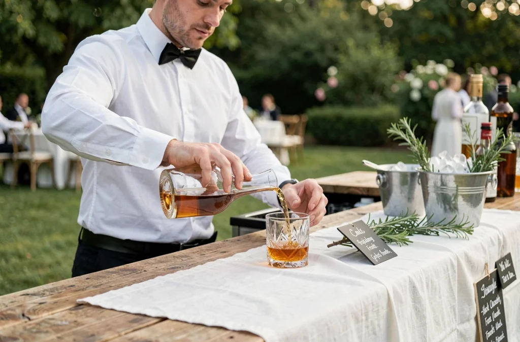 Barman versant du whisky depuis une carafe en verre dans un verre tumbler lors d'un cocktail de mariage en plein air