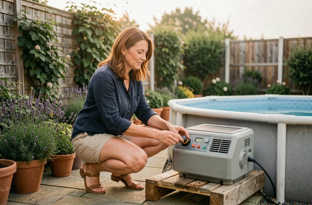 Femme vérifiant les réglages d'un système de chauffage solaire pour piscine hors-sol dans un jardin