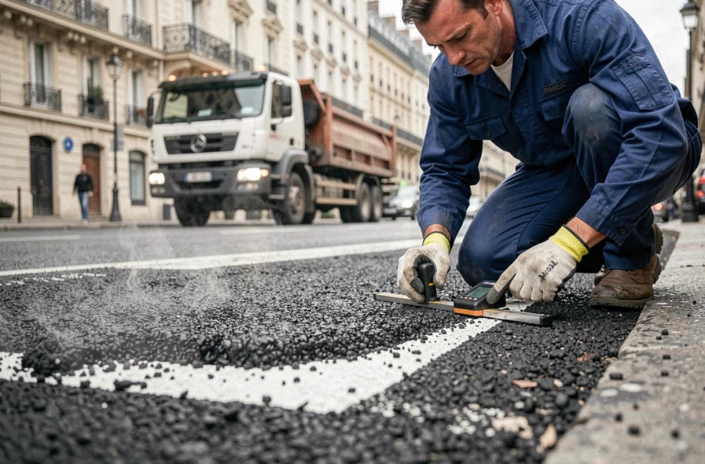 Technicien mesurant l'épaisseur de l'enrobé bitumineux sur une voirie urbaine française