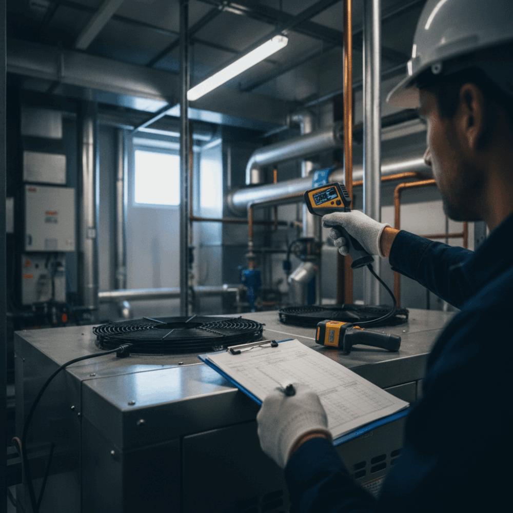 Professionnel réalisant un audit énergétique sur équipements techniques en local HVAC de bâtiment tertiaire