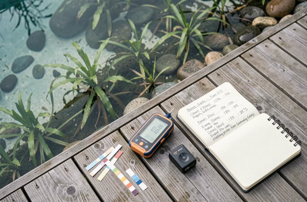 Kit de test de qualité d'eau posé sur la terrasse d'une piscine naturelle avec mesures pH