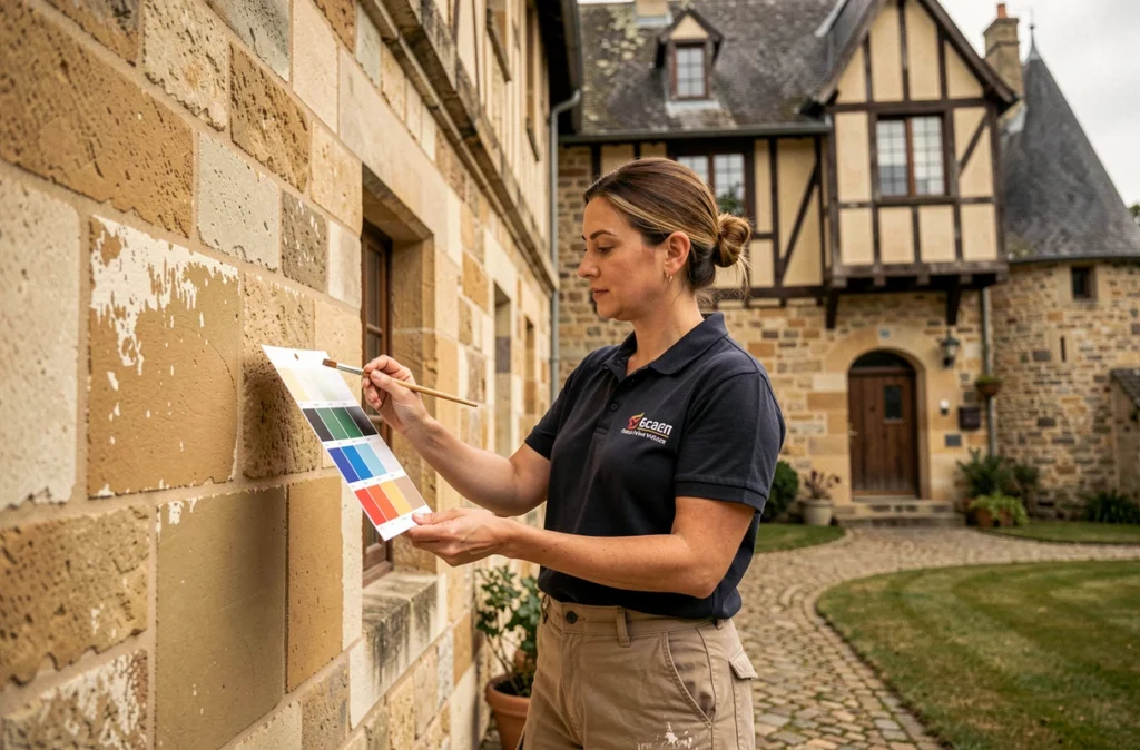 Professionnelle de la peinture intérieure et extérieure consultant des nuanciers devant une façade rénovée près de Dinan