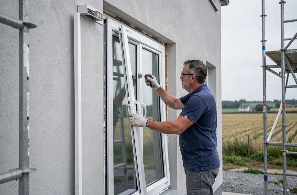 Artisans posant des menuiseries PVC sur la façade rénovée d'une maison individuelle près de Lamballe-Armor