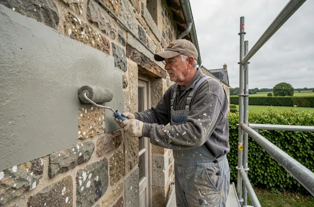 Façadier expérimenté peignant la façade d'une maison en pierre bretonne près de Cintré