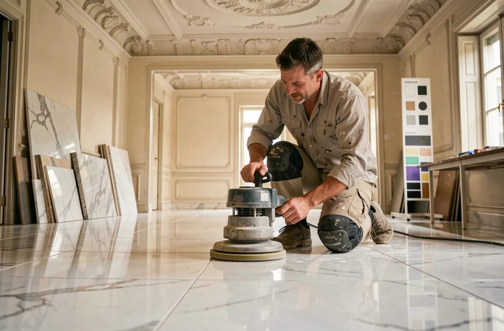 Artisan de Carrelage Marbre Peinture Rénovation polissant un sol en marbre blanc dans un appartement classique parisien