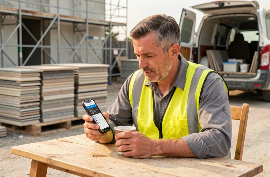 Artisan carreleur consultant la plateforme ChantierHero sur son smartphone lors d'une pause chantier pour trouver de nouveaux clients