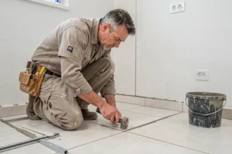 Carreleur professionnel posant des carreaux dans une salle de bain en rénovation, utilisant un maillet en caoutchouc pour aligner les céramiques avec précision