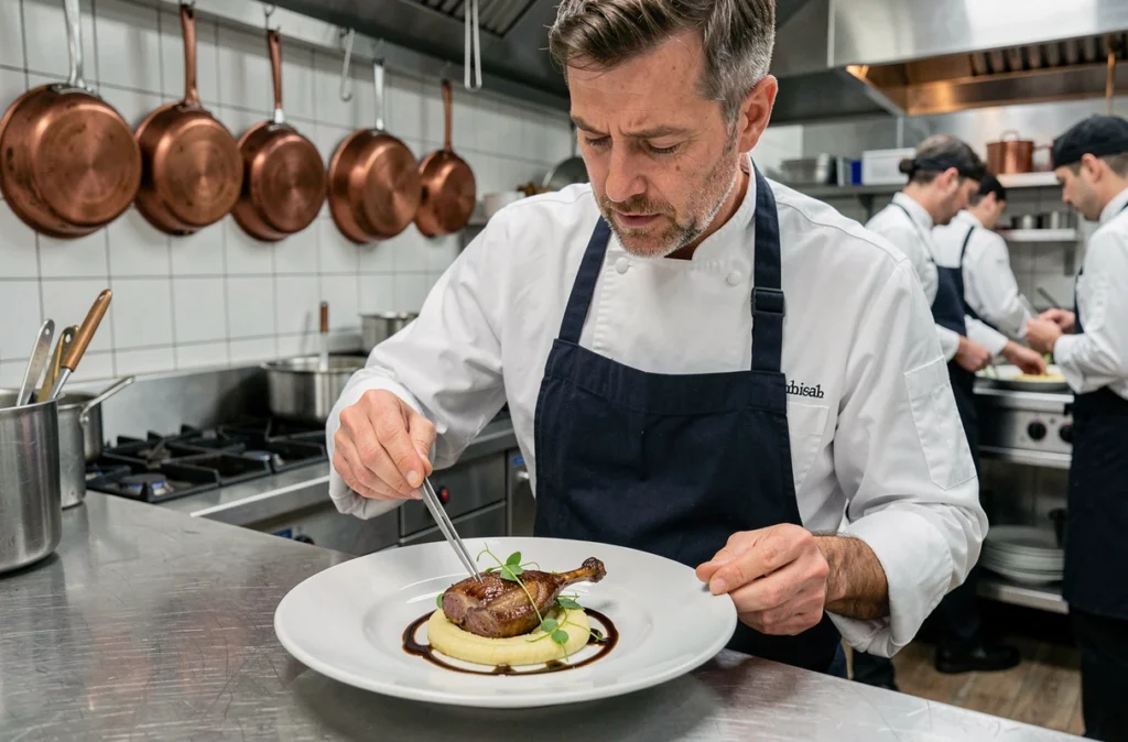 Chef cuisinier du restaurant La Porte Bleu dressant une assiette gastronomique avec précision dans les cuisines professionnelles en 2026