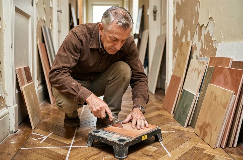 Artisan Stéphane Lateltin réalisant une coupe précise de carrelage dans un couloir haussmannien