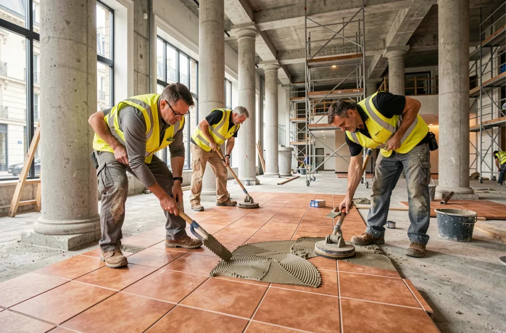 Équipe d'Européenne de Travaux Carrelage et Bâtiment posant du carrelage en terre cuite dans un hall commercial parisien