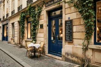 Façade extérieure du restaurant La Porte Bleu en 2026, avec sa porte bleue emblématique et sa terrasse en pierre