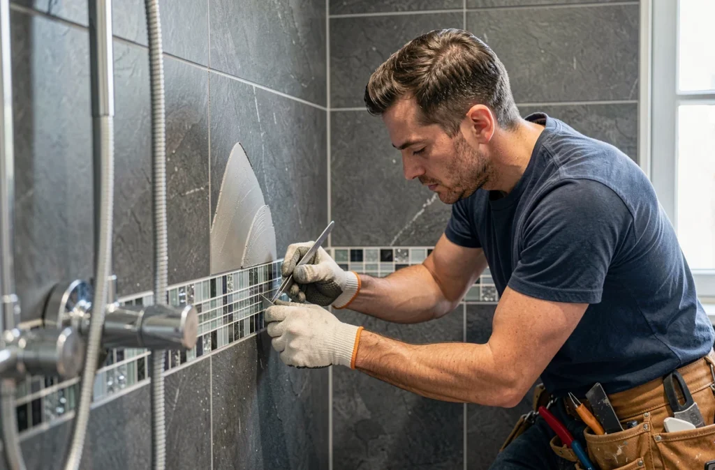 Carreleur FD Bâtiment posant une bordure en mosaïque de verre dans une douche à l'italienne parisienne