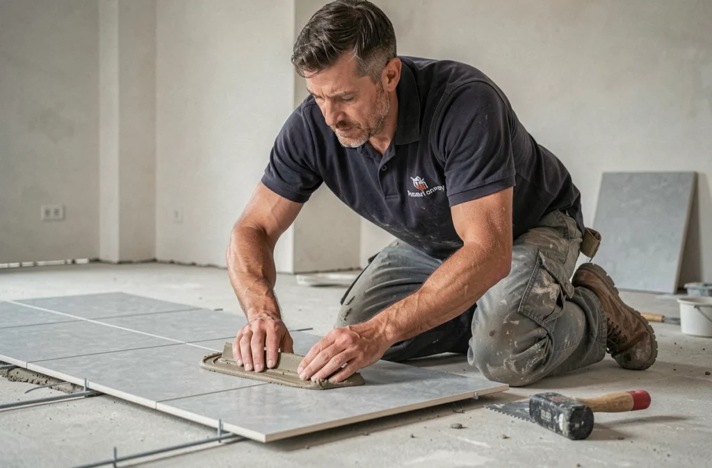 Carreleur professionnel d'ICEM Rénovation posant du carrelage grand format dans un appartement parisien