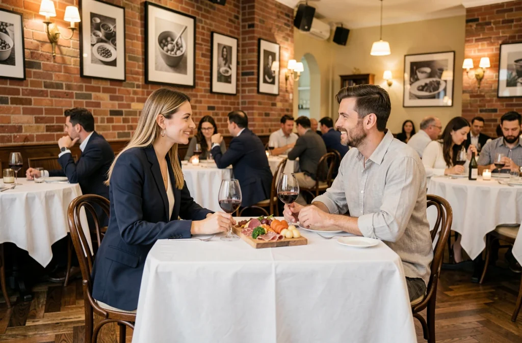 Couple dînant dans la salle intérieure élégante du restaurant La Porte Bleu, ambiance bistro parisien raffiné en 2026