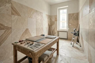 Vue d'ensemble d'un chantier de carrelage professionnel dans un appartement parisien style haussmannien