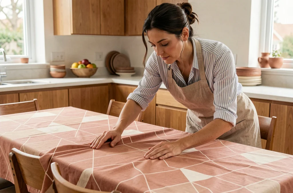Femme installant une nappe en tissu coton enduit à motifs géométriques sur une table de salle à manger moderne
