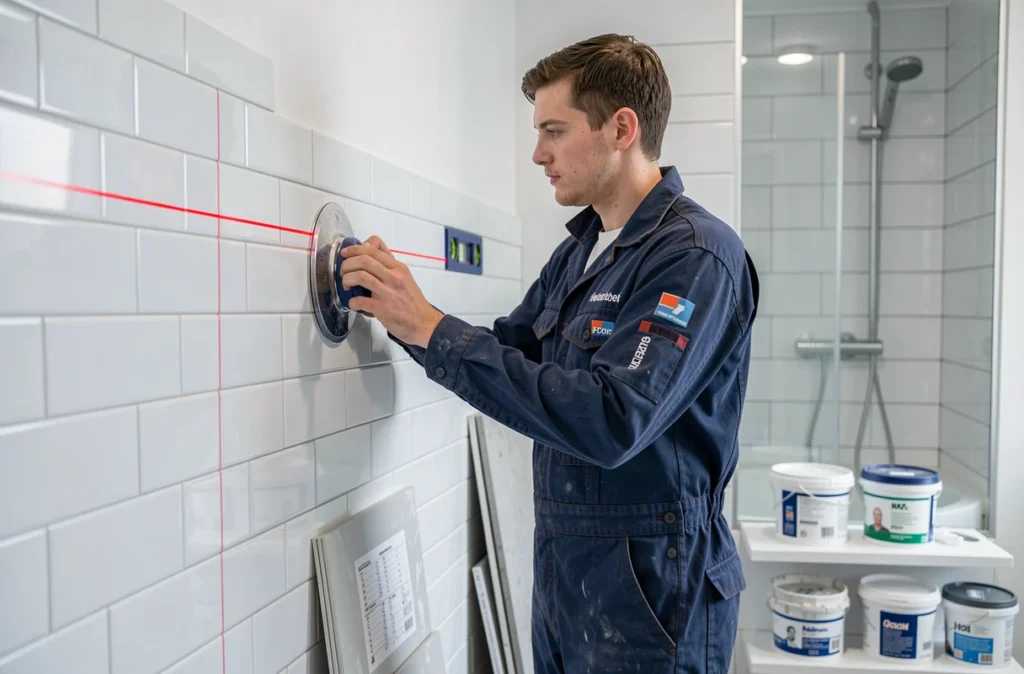 Spécialiste Novappart installant des carreaux muraux blancs dans une salle de bain moderne parisienne