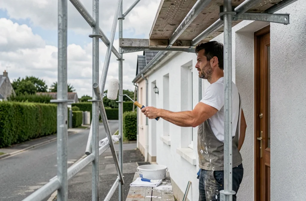 Peintre en bâtiment appliquant un ravalement de façade sur une maison près de Vitré