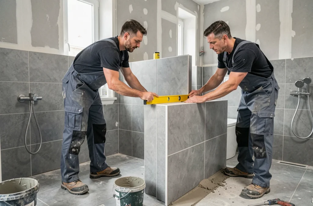 Deux artisans de SG Rénovation alignant des carreaux muraux dans une salle de bain parisienne