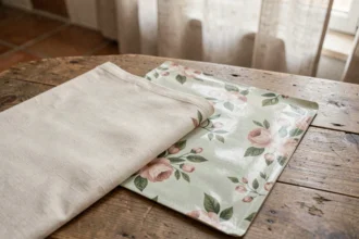 Comparaison entre tissu coton enduit mat et toile cirée brillante posés côte à côte sur une table en bois rustique