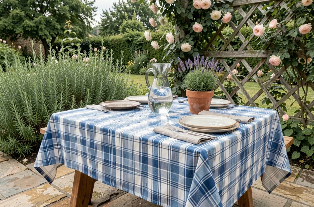 Table de jardin couverte d'une toile cirée vichy bleue avec vaisselle estivale et gouttelettes d'eau sur fond de terrasse provençale
