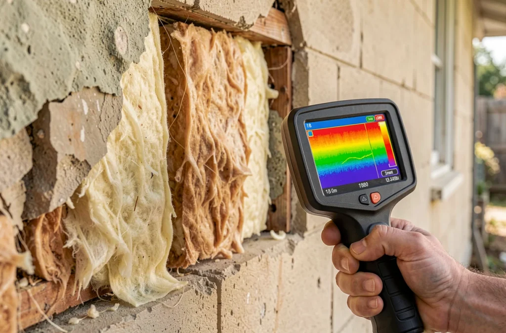 Contrôle de l'isolation d'un mur de maison à la caméra thermique
