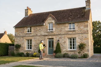Maison individuelle en pierre visitée par un diagnostiqueur