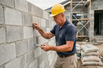 Ouvrier mesurant l'épaisseur d'un mur en parpaings de 20 cm sur un chantier de construction résidentielle