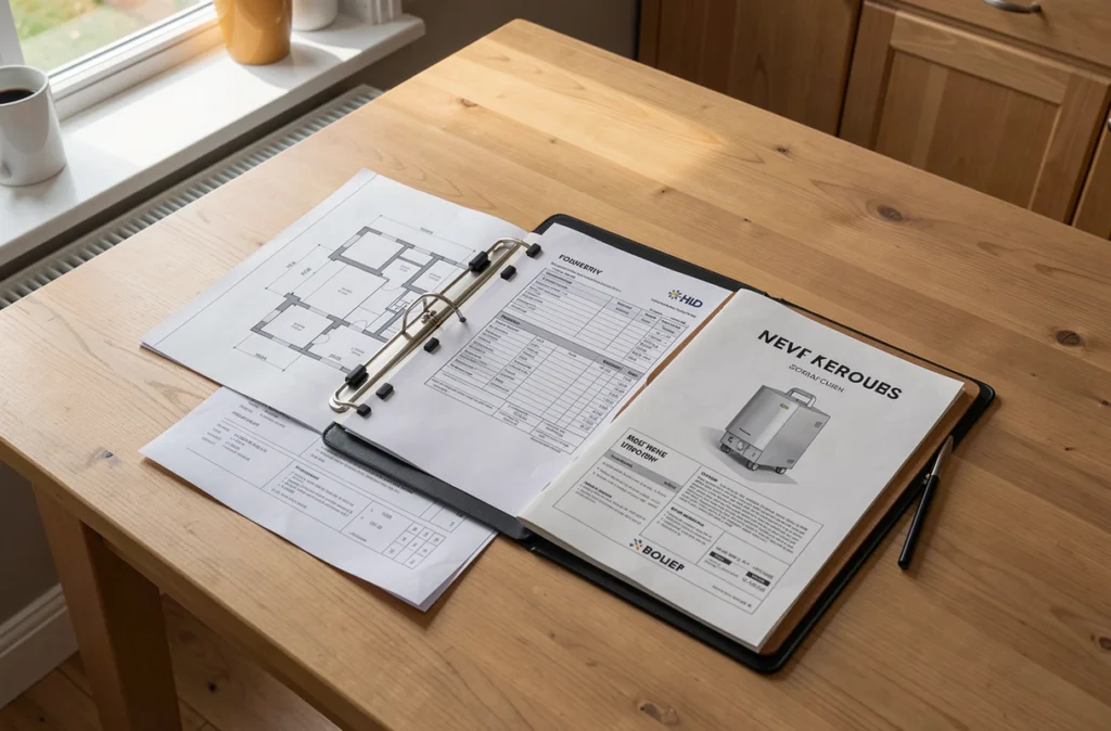 Plans, factures et notices posés sur une table avant le diagnostic