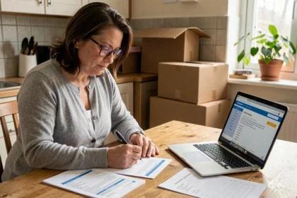Femme signant un contrat de transfert d'énergie à la cuisine entourée de cartons de déménagement